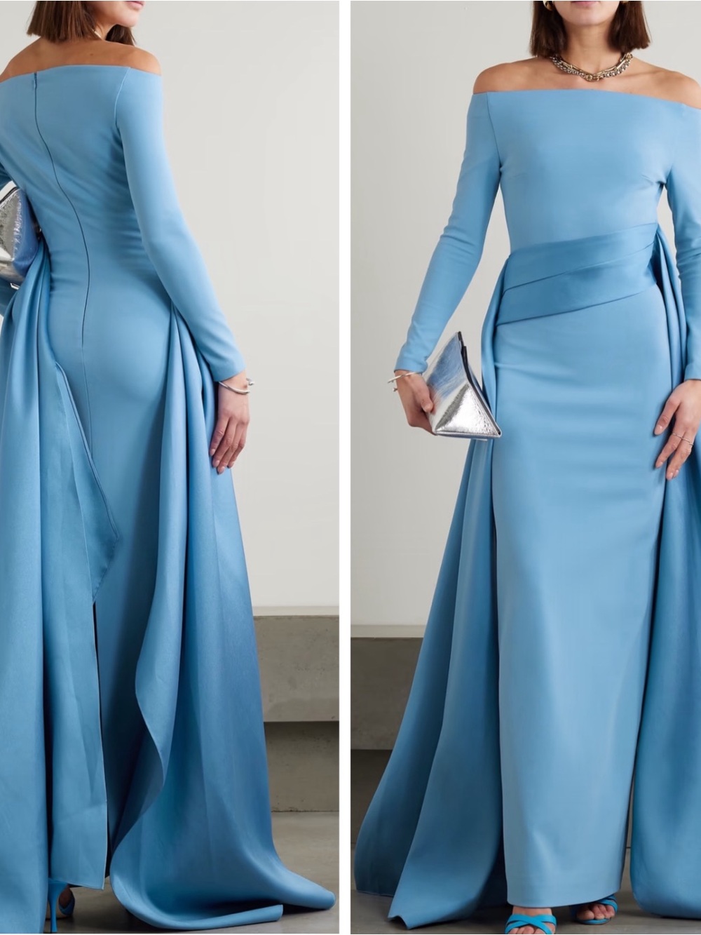 SOLACE LONDON Irma Off the Shoulder Long Sleeve Drapes Blue Maxi Dress Size 0